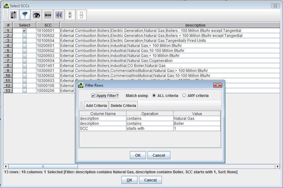 Figure 3-22: Select SCCs and Filter Rows Dialogs