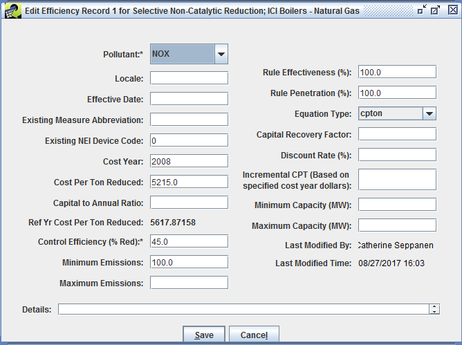 Figure 3.20: Edit Efficiency Record Window