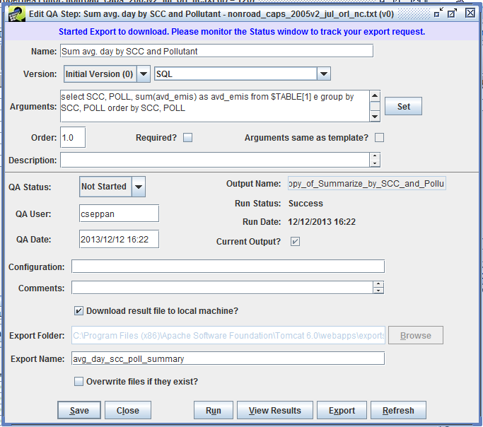 Figure 4.13: Export QA Step Results Started