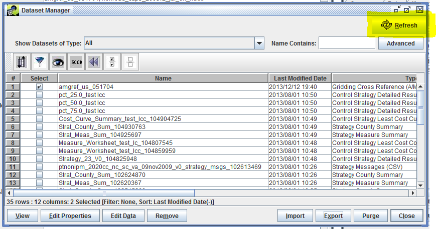 Figure 2.19: Refresh button in the Dataset Manager window
