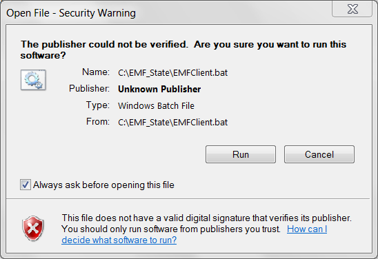 Figure 2.5: EMF Client Security Warning